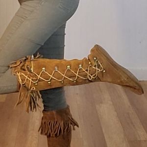 LEATHER LACE UP KNEE HIGH MOCCASIN BOOTS with FRINGE 8